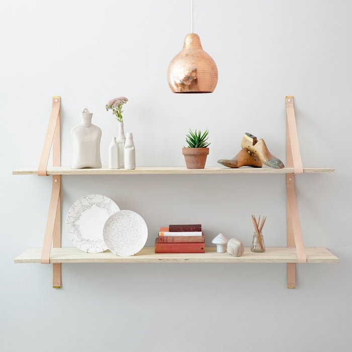 Lighly timber and leather strap Stylish wall shelves
