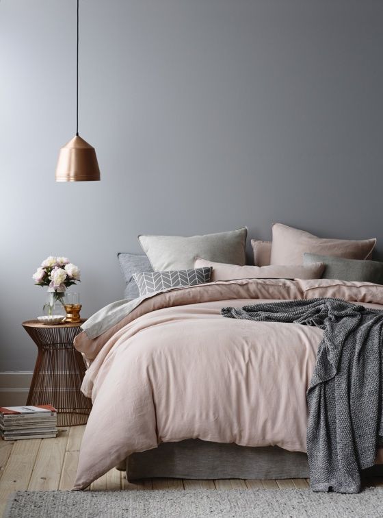white, grey and copper bedroom