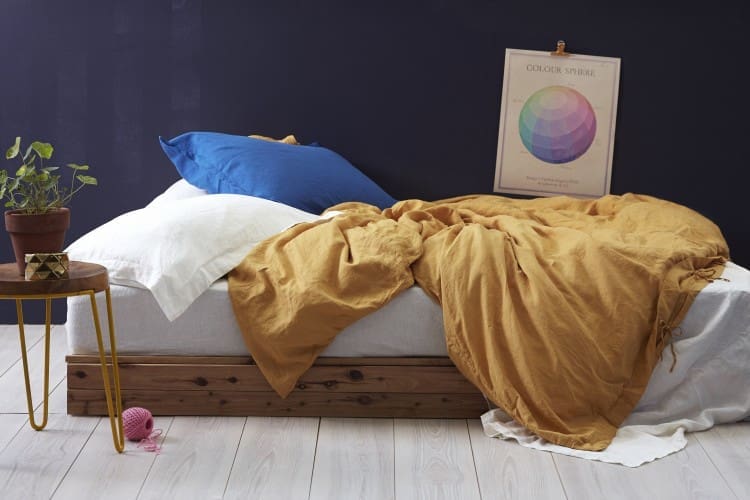 Mustard and blue bedroom