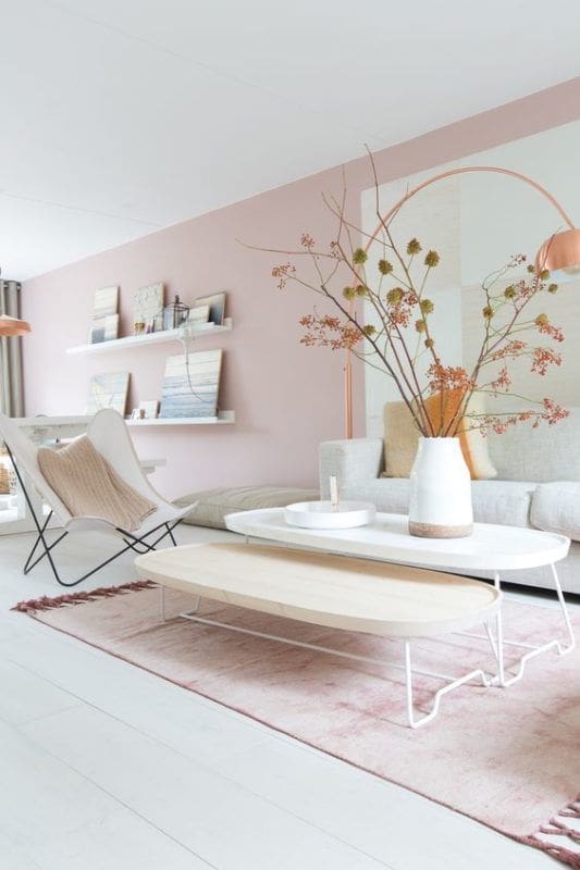 pink and off white living room