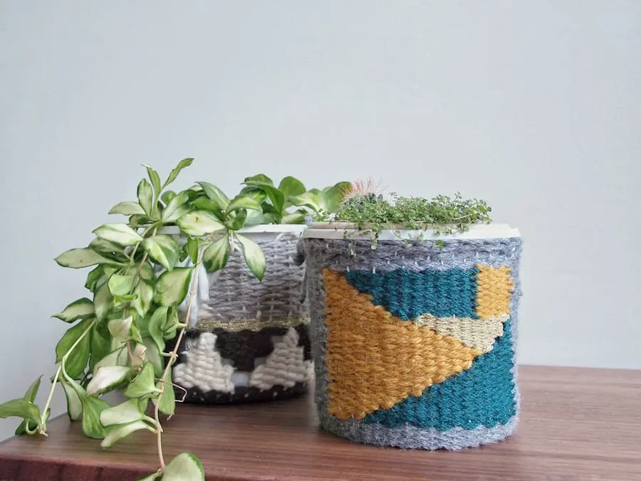 Finished planter woven planter cosy tutorial