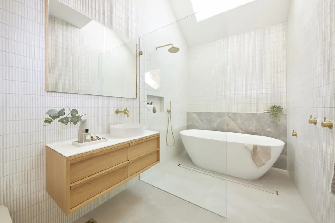 Timber, white and gold bathroom