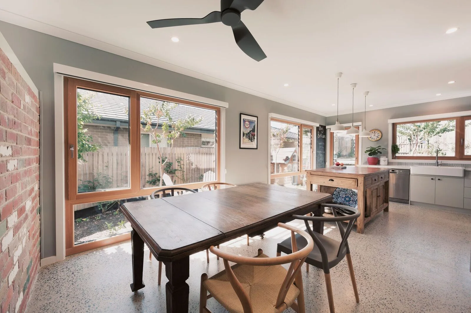 Open plan kitchen and dining area harnessing north facing light