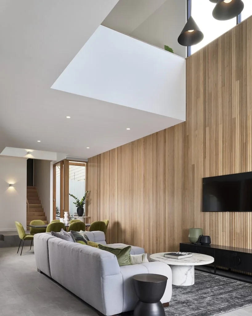 Wood panelling feature wall in lounge