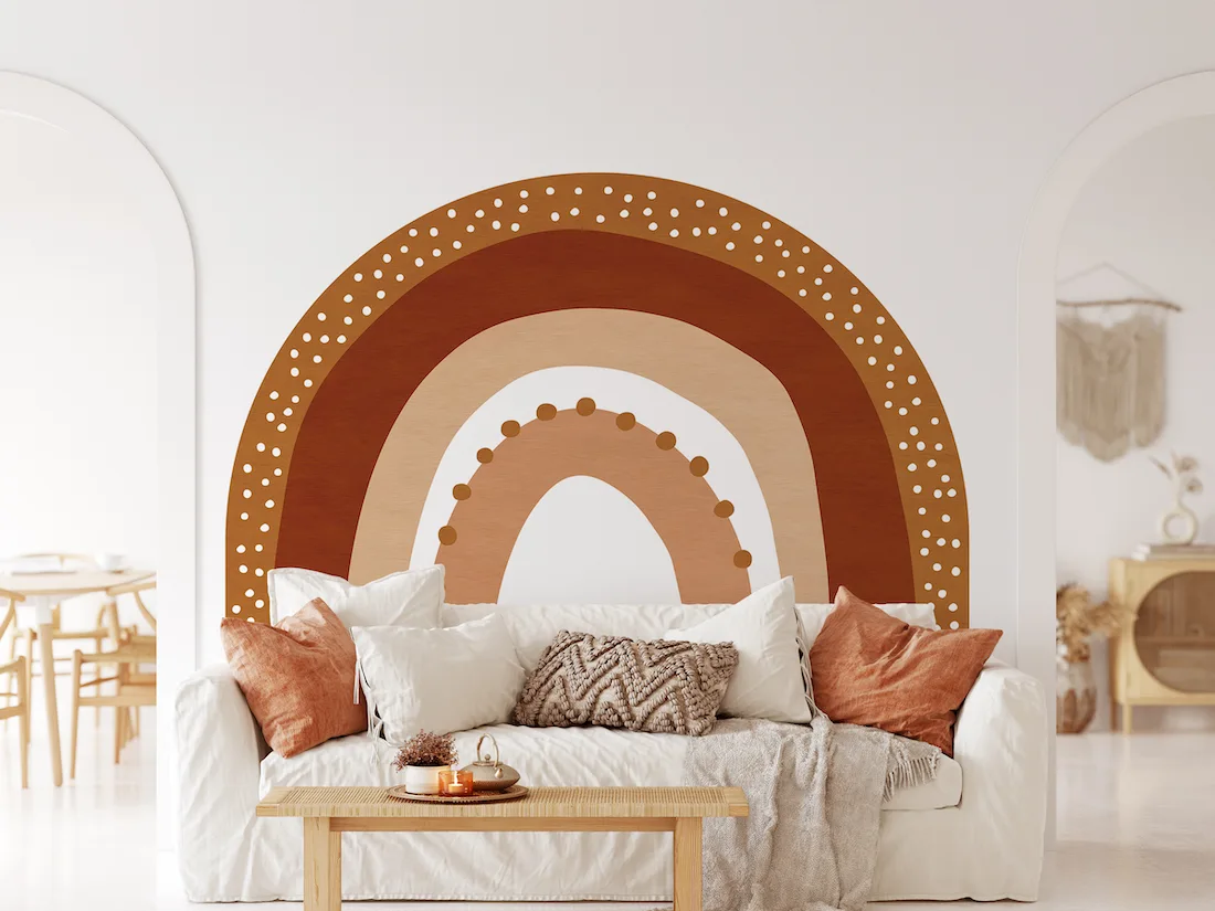 Removable headboard wall decal in earthy rainbow tones