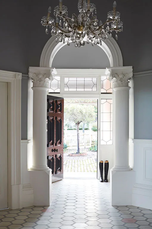 Hexagonal floor tiles in ornate heritage home