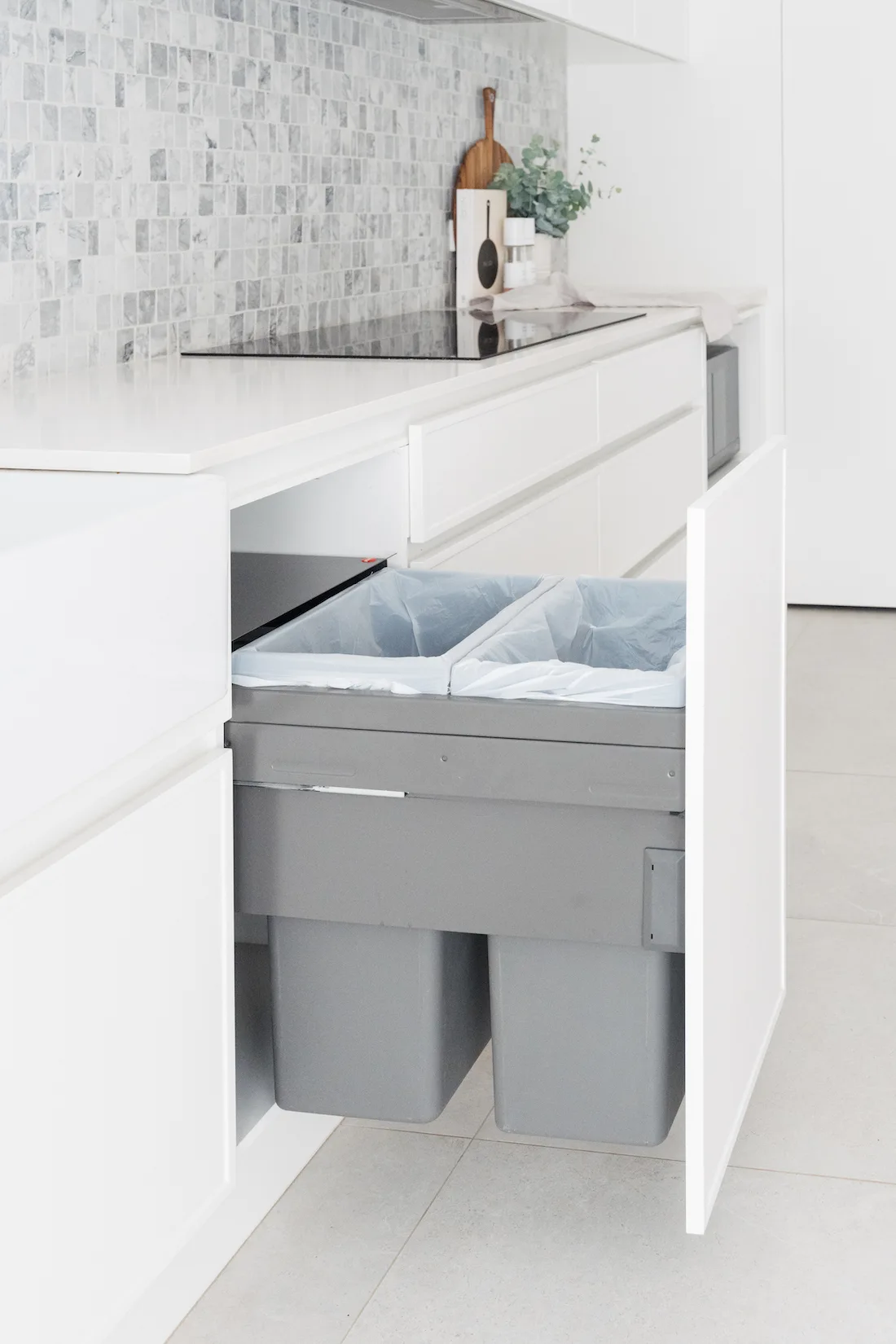 Large pull out bin in kitchen Slim shaker cabinets