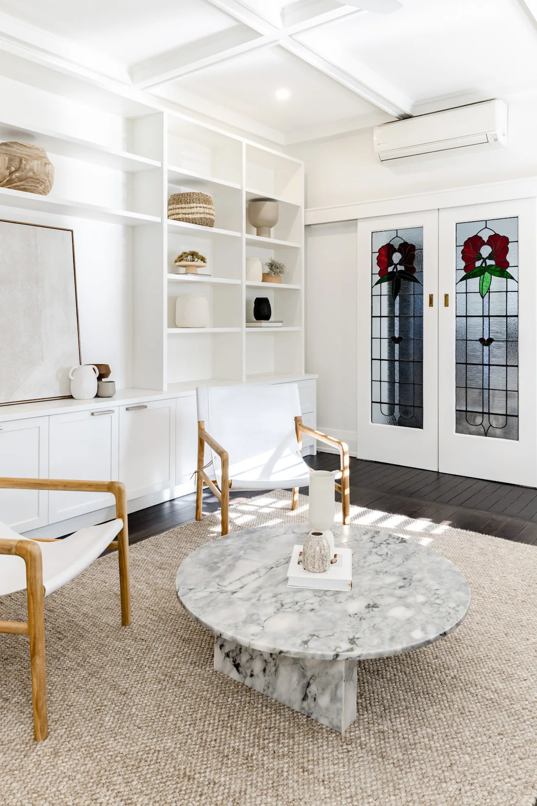 Living room with original stained glass windows