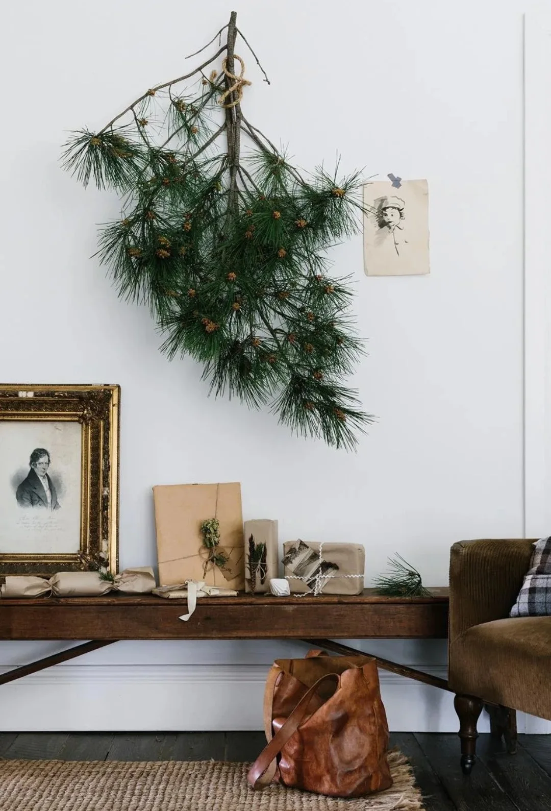 Pine branch on wall