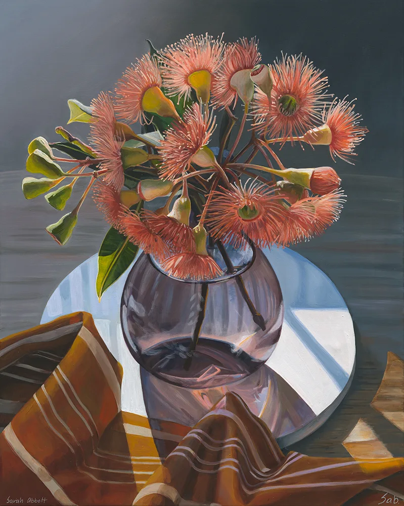 Still life tangerine native blossoms by Sarah Abbott Art and Design