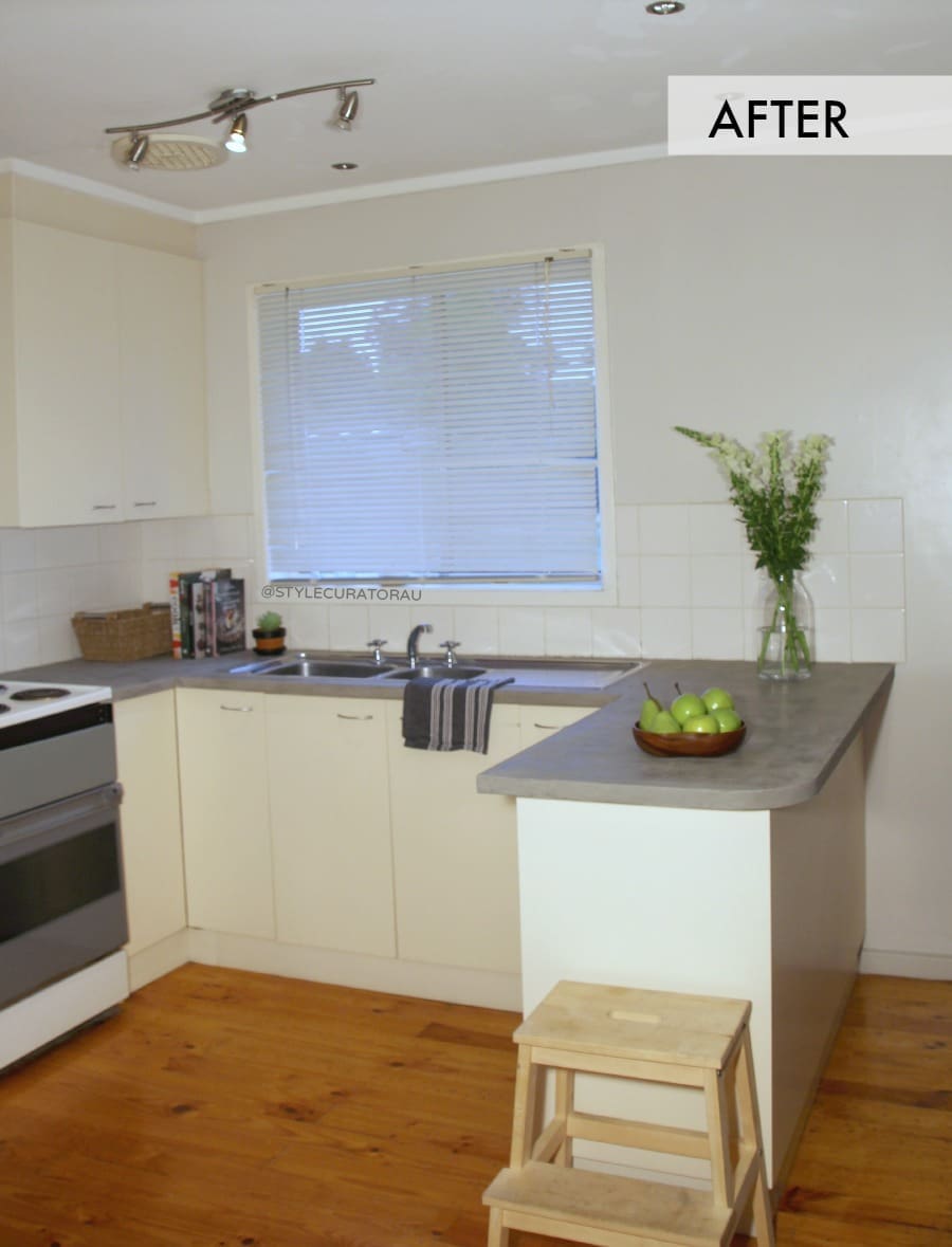 Finished kitchen bench top makeover DIY concrete countertop