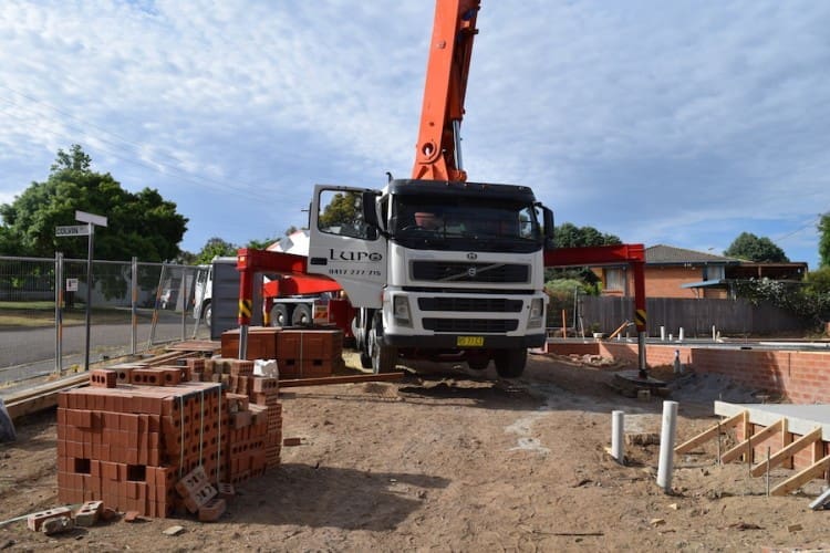 Concrete truck front Pouring the concrete slab