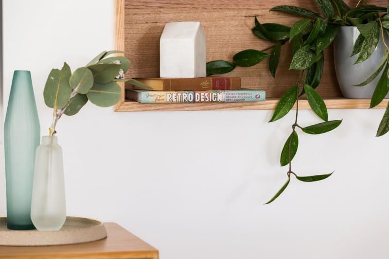 In wall timber shelves