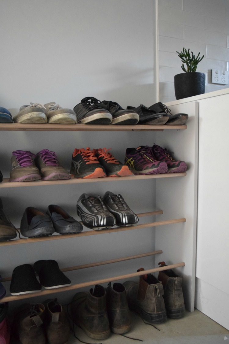 Before and after, messy shoe storage gets a makeover with a DIY dowel shoe rack