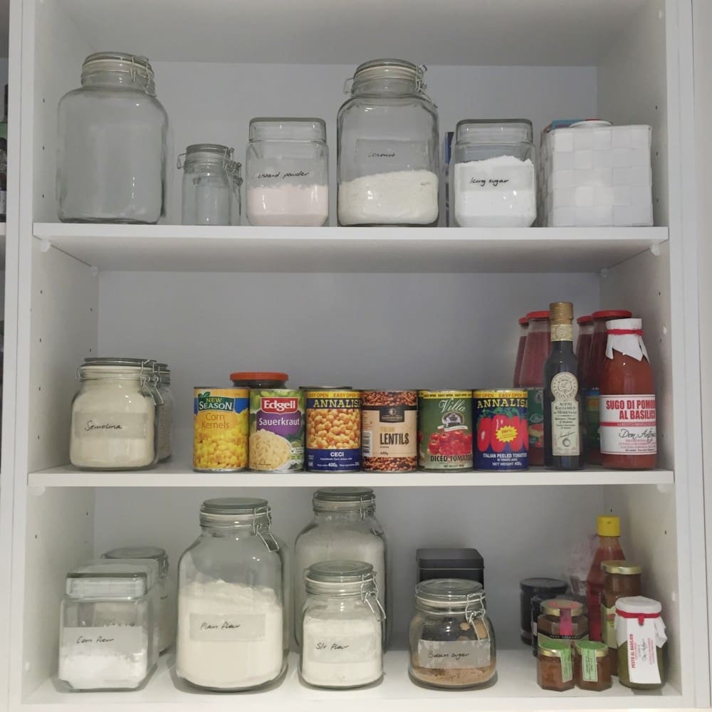 Jars and cans organised in Butler's pantry