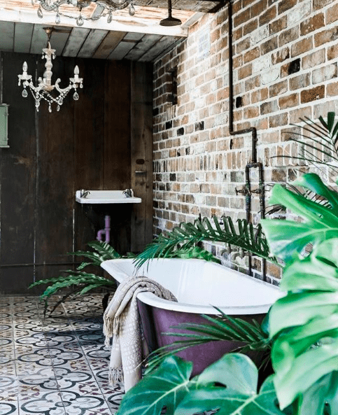 Brick and wood with patterned tile bathroom