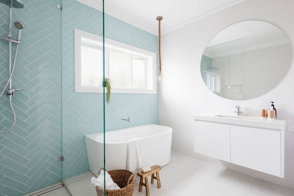 Blue herringbone subway tile wall Lana's forever home