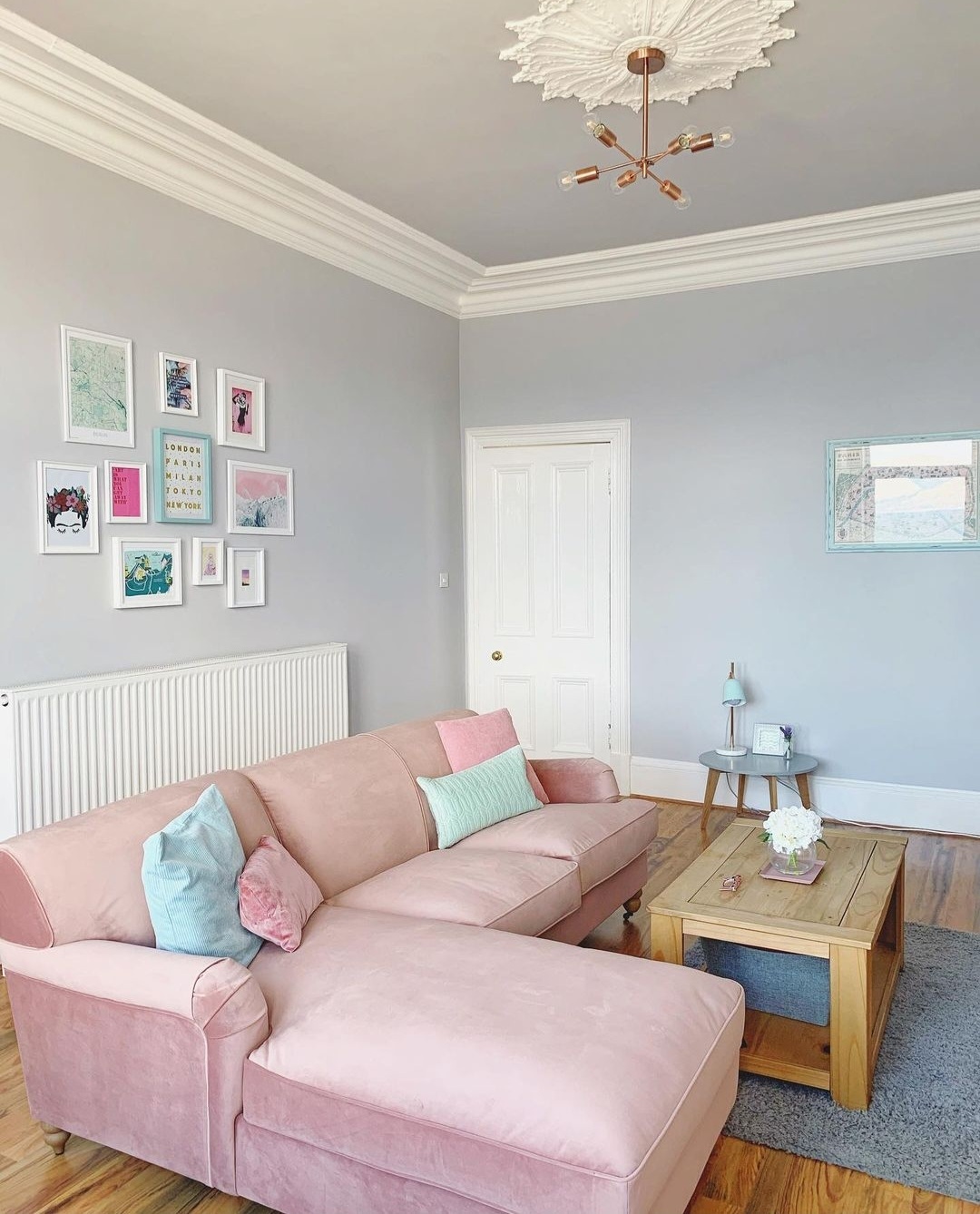 grey living pink couch inspo