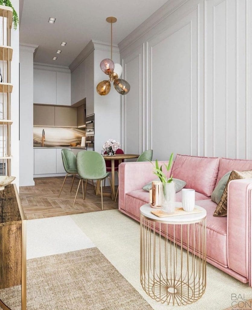 luxe grey living room _ blush pink and grey living room