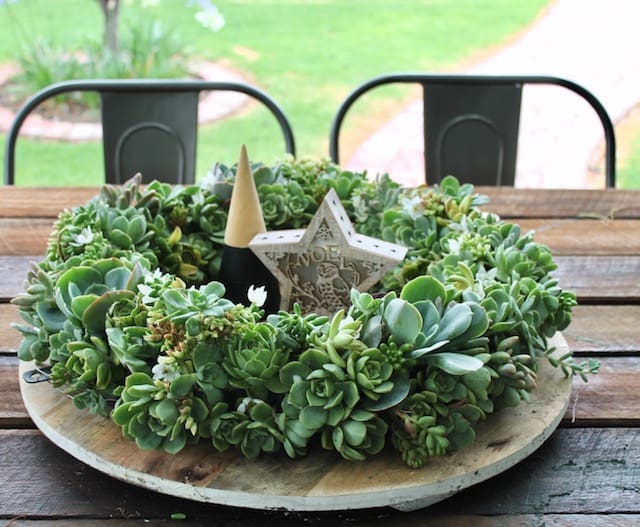 Succulent wreath on an outdoor table