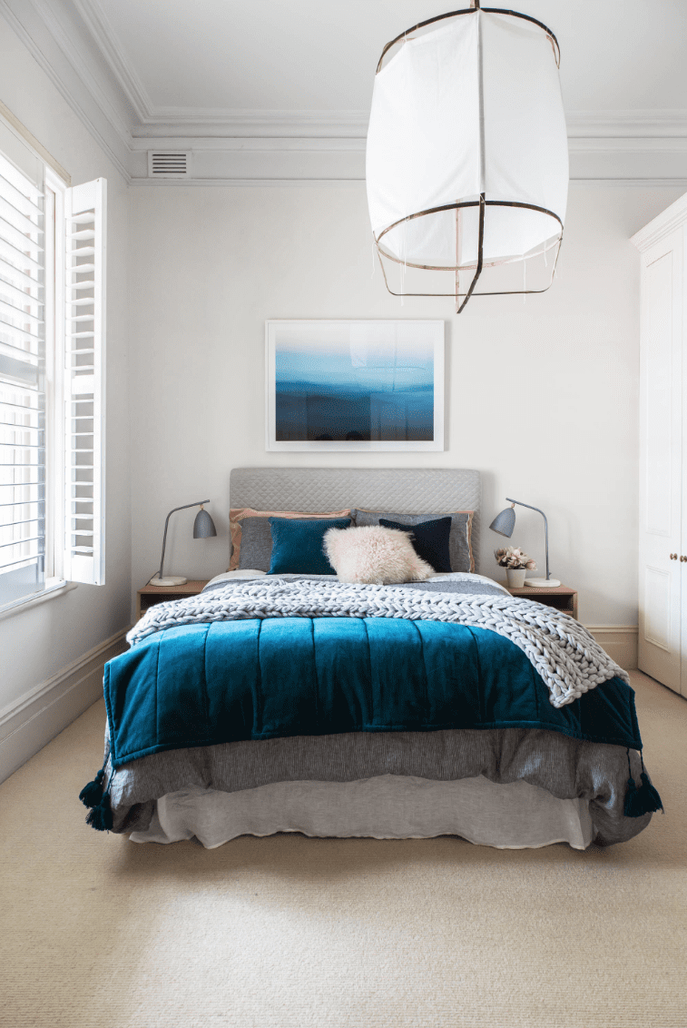 Deep blue and grey bedroom