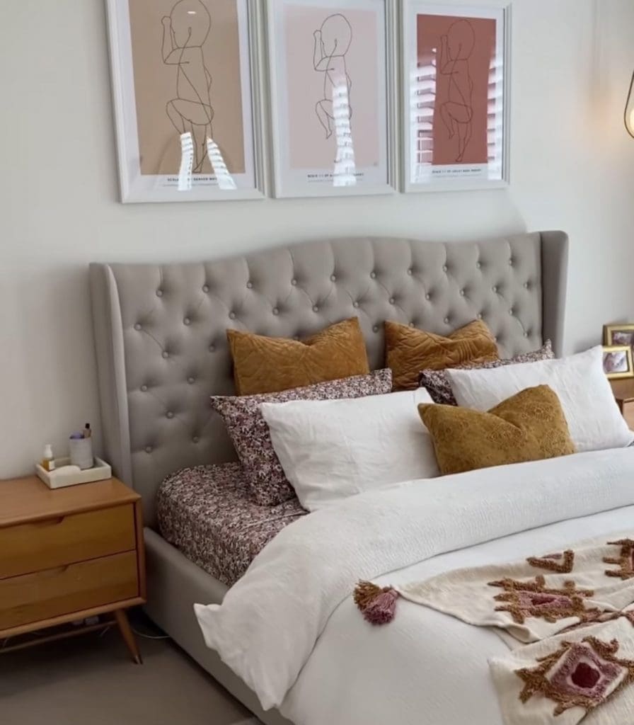 Dusty pink and tobacco tone bedroom