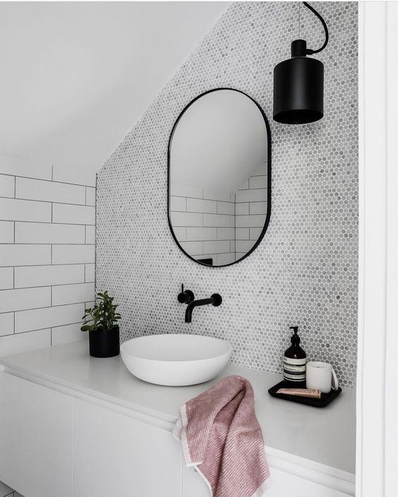 Marble feature wall in powder room