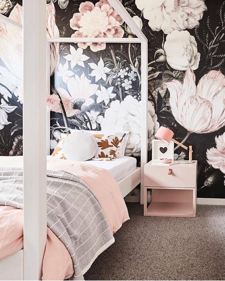 Feminine oversized floral wall feature in teen bedroom