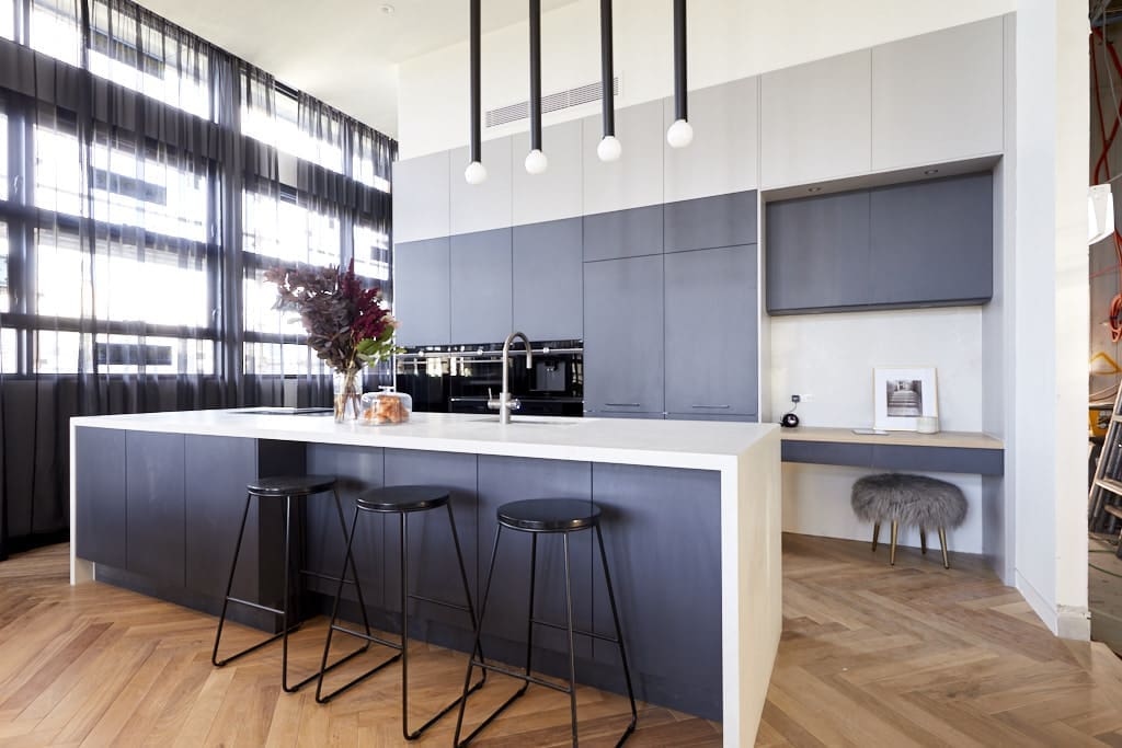 Herringbone timber flooring in kitchen