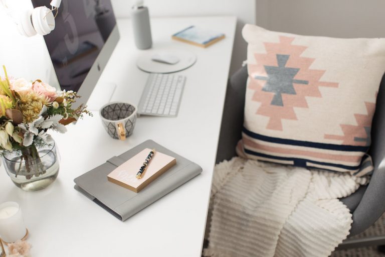 Blush and navy desk styling