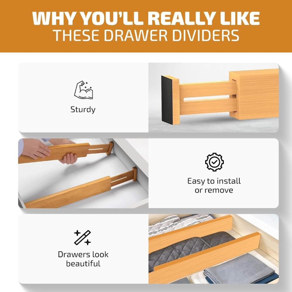 Adjustable bamboo drawer divider set
