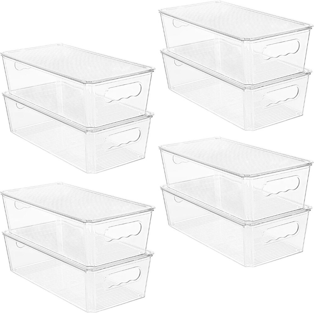 Clear plastic stackable fridge organizer bins