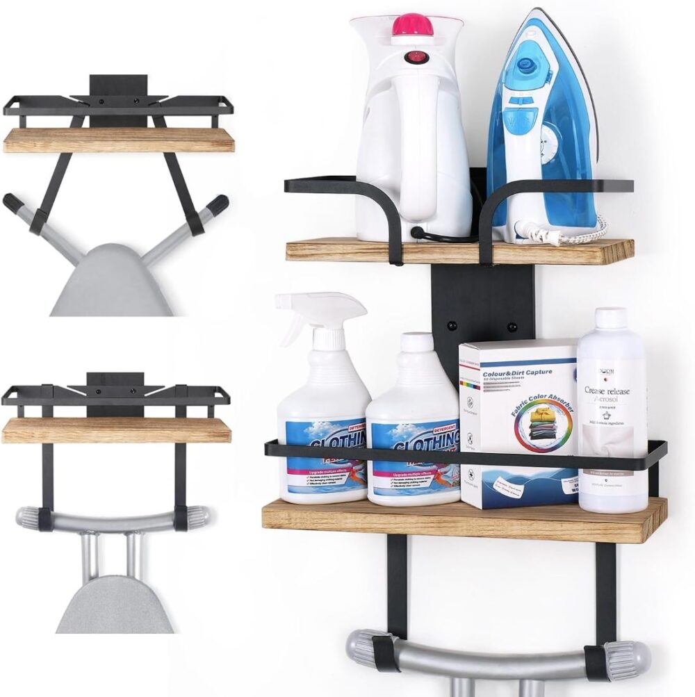Wall-mounted ironing board holder with shelf