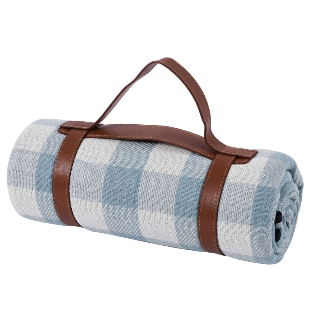Rolled blue gingham picnic blanket