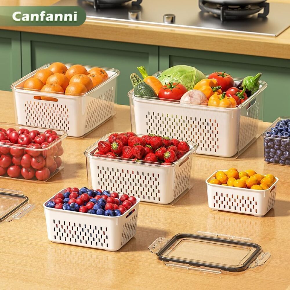 Clear food storage containers with colanders