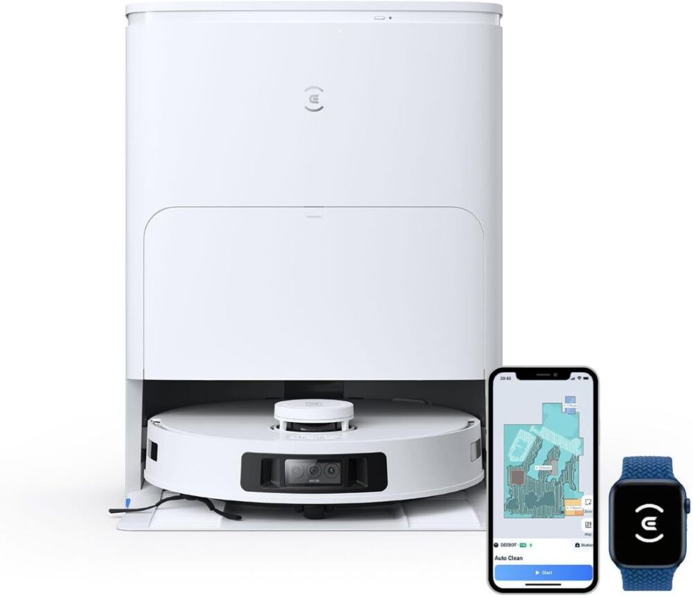 White robot vacuum with self emptying station