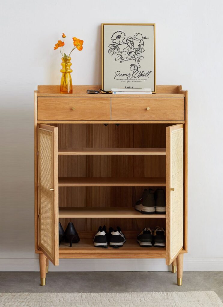 Wooden shoe cabinet with rattan doors