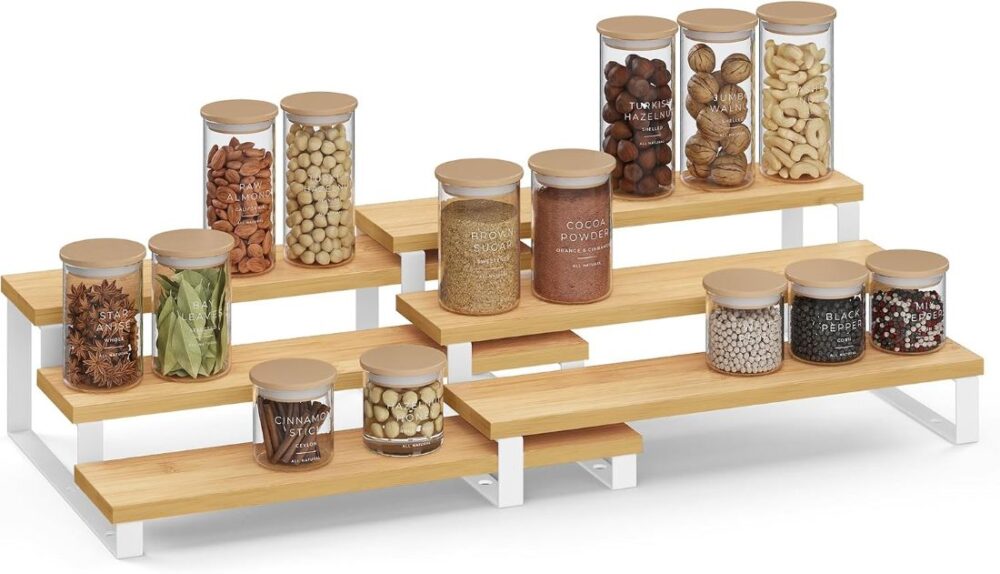 Expandable bamboo spice rack organizer