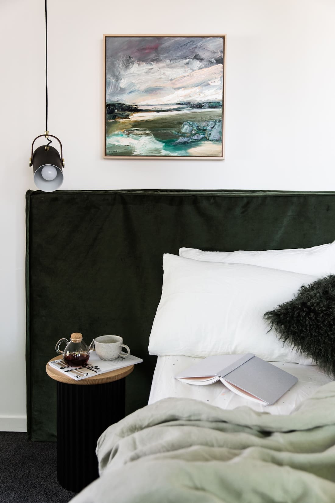 Bedroom styling with green tones Australian design home