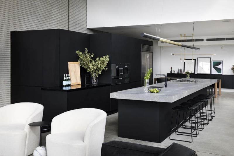 Black kitchen stone bench Guy Sebastian kitchen