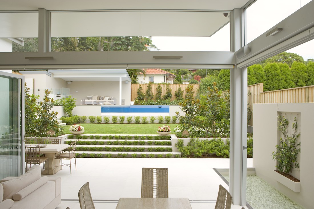 Indoor outdoor living area with garden and pool