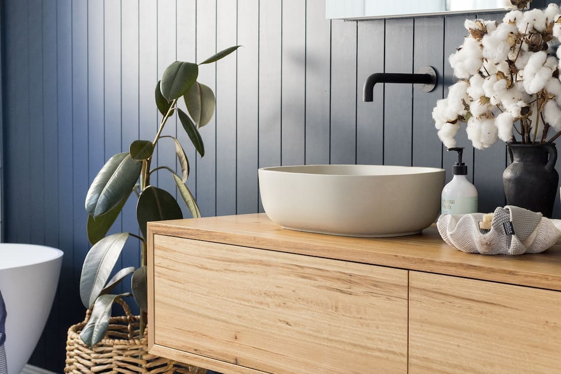 Timber vanity coastal luxe bathroom