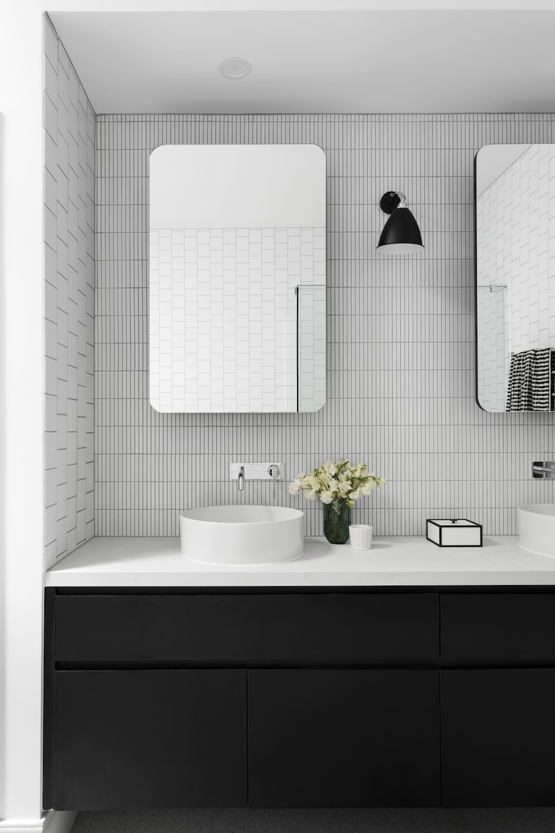 Black and white bathroom vessel sink