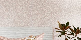 Blush pink tones from Overland collection and wall paper by Walter G