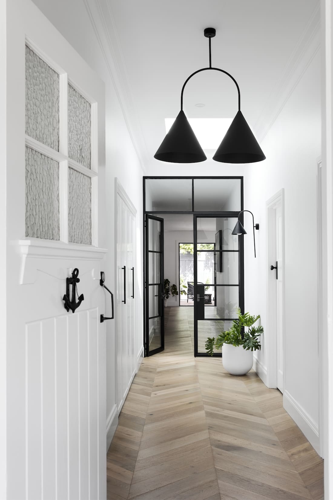 White and black interior with chevron floor