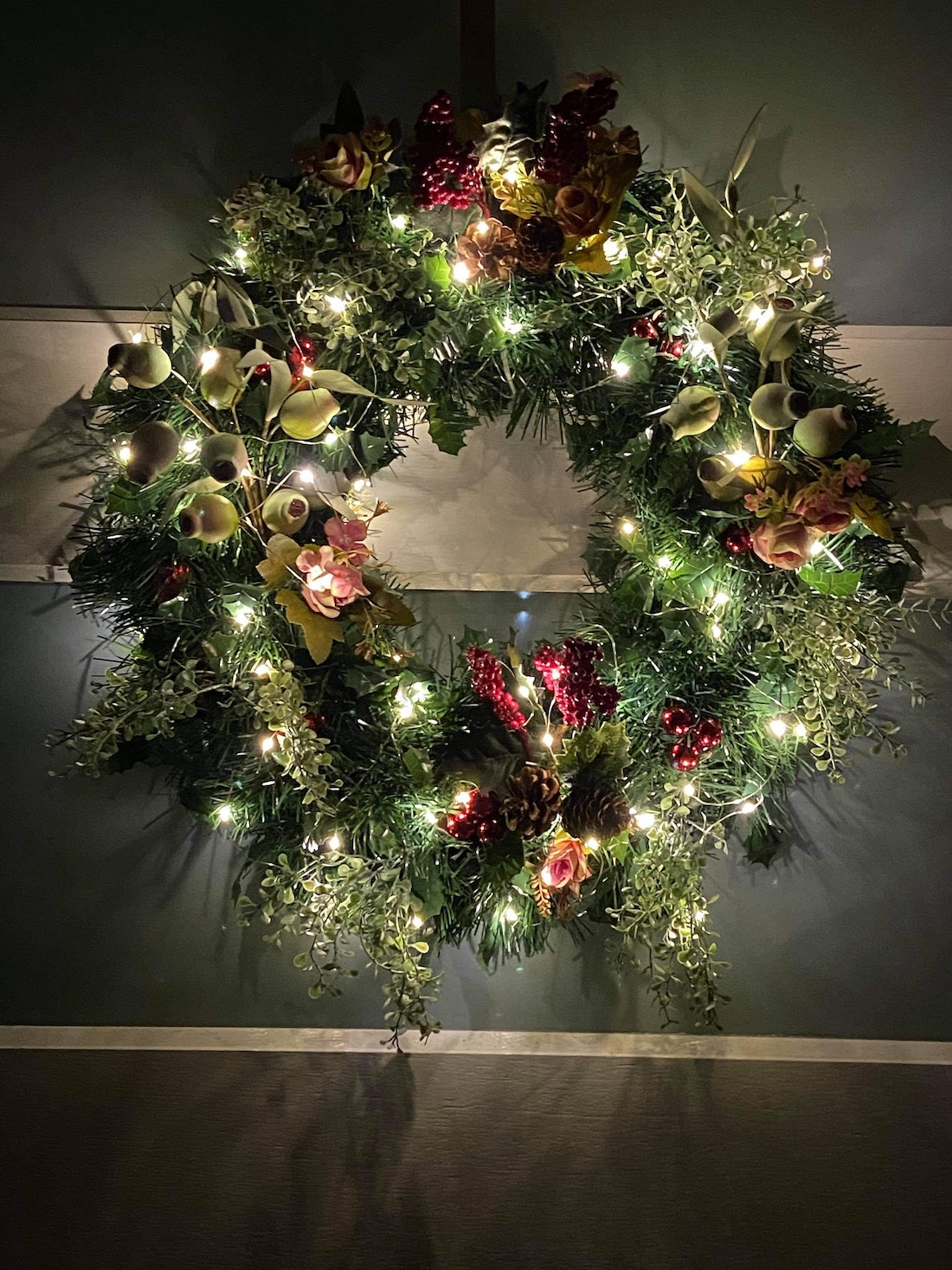 Christmas wreath at night