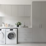 Grey and white functional family laundry renovation