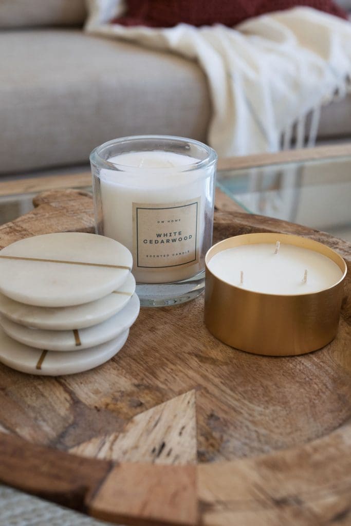 Coffee table styling with wooden tray