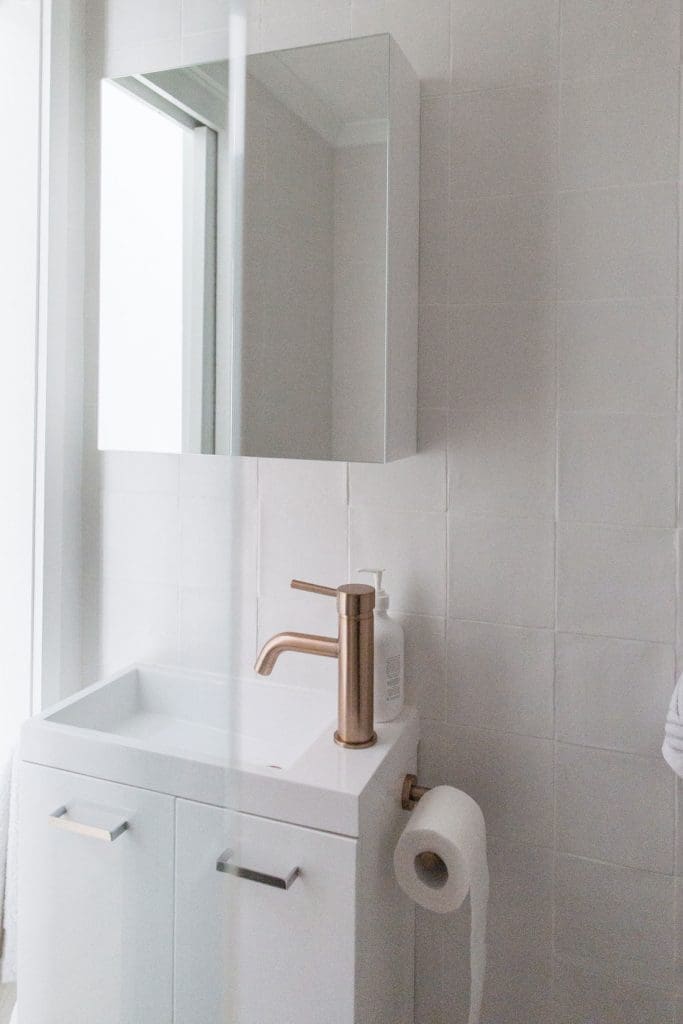 Wall hung vanity and mirrored cabinet in smallest bathroom