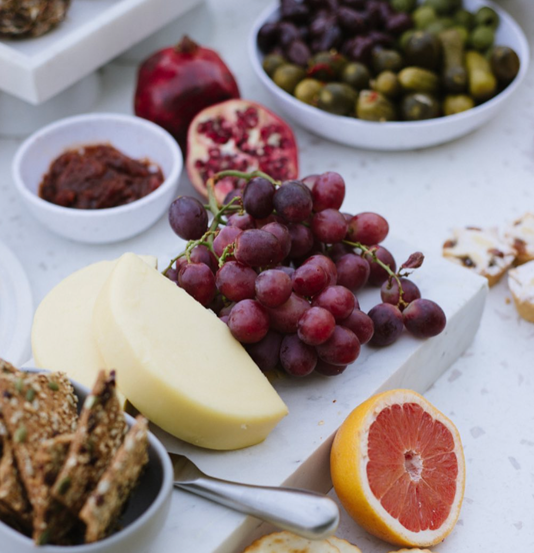 Fruit and cheese on grazing table